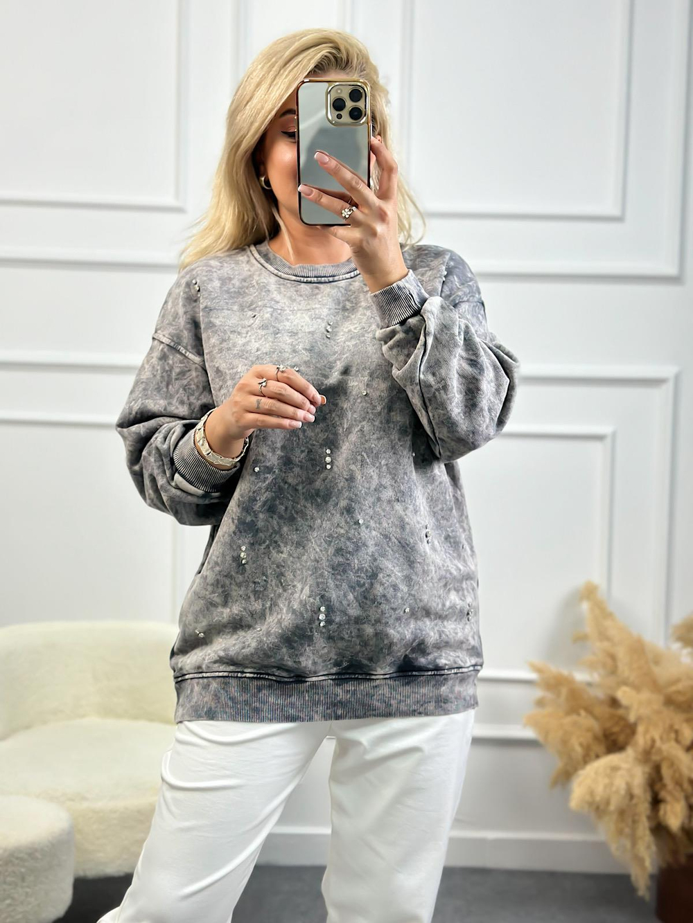 Serpme Taşlı Yıkamalı Sweatshirt ANTRASİT