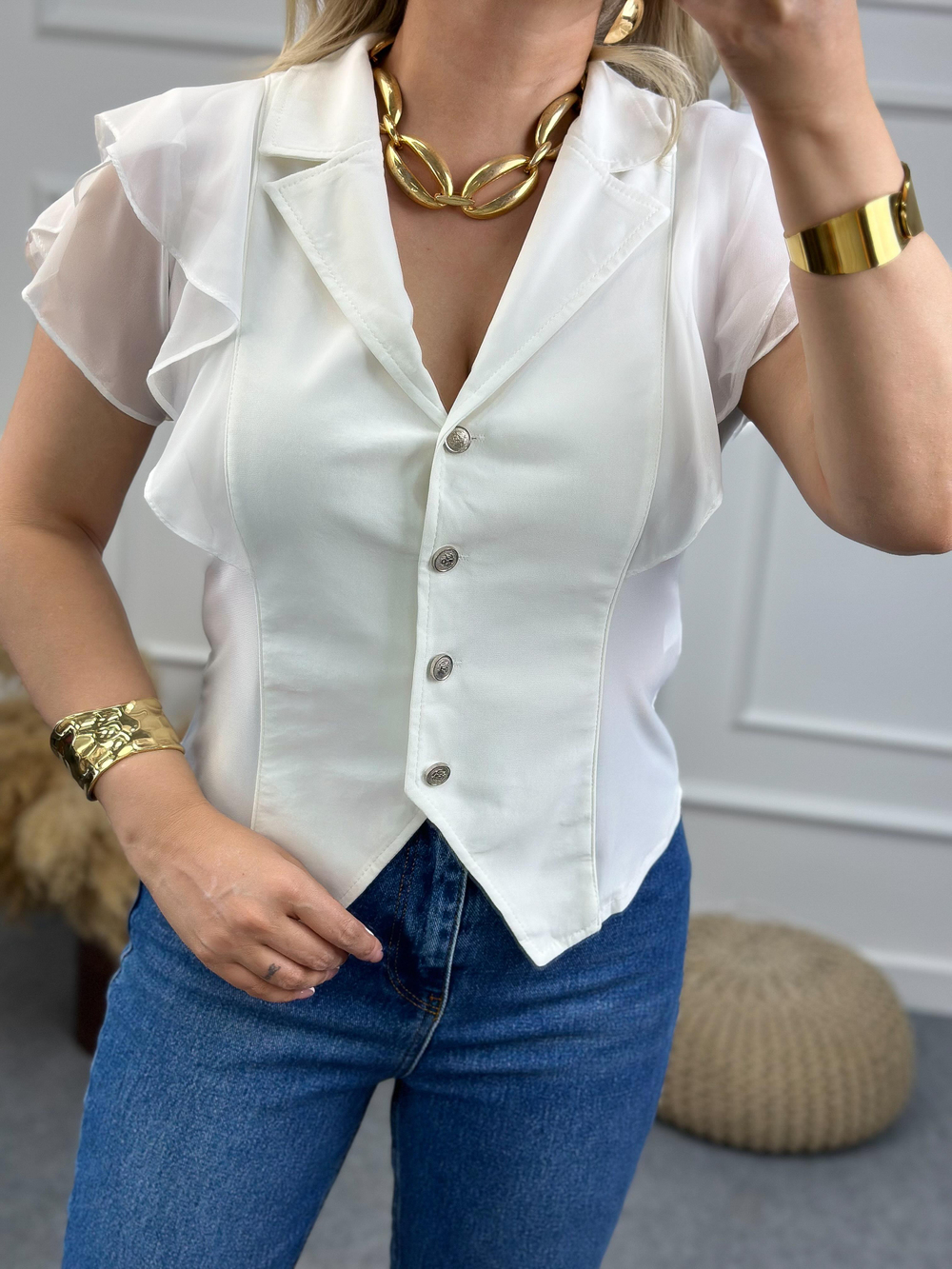 Şifon Kol Düğmeli Bluz BEYAZ