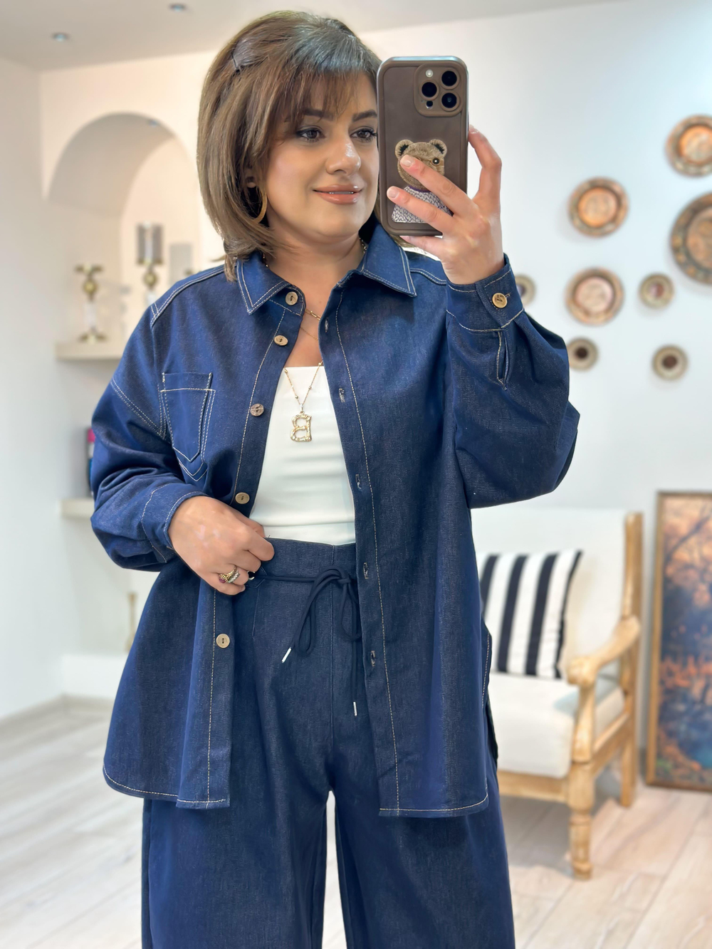 Taba Dikişli Denim Gömlek LACİVERT