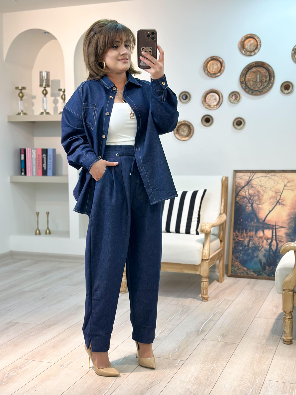 Taba Dikişli Denim Gömlek LACİVERT