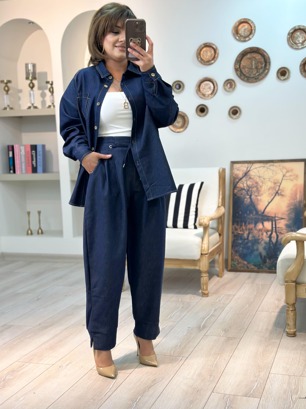 Taba Dikişli Denim Gömlek LACİVERT