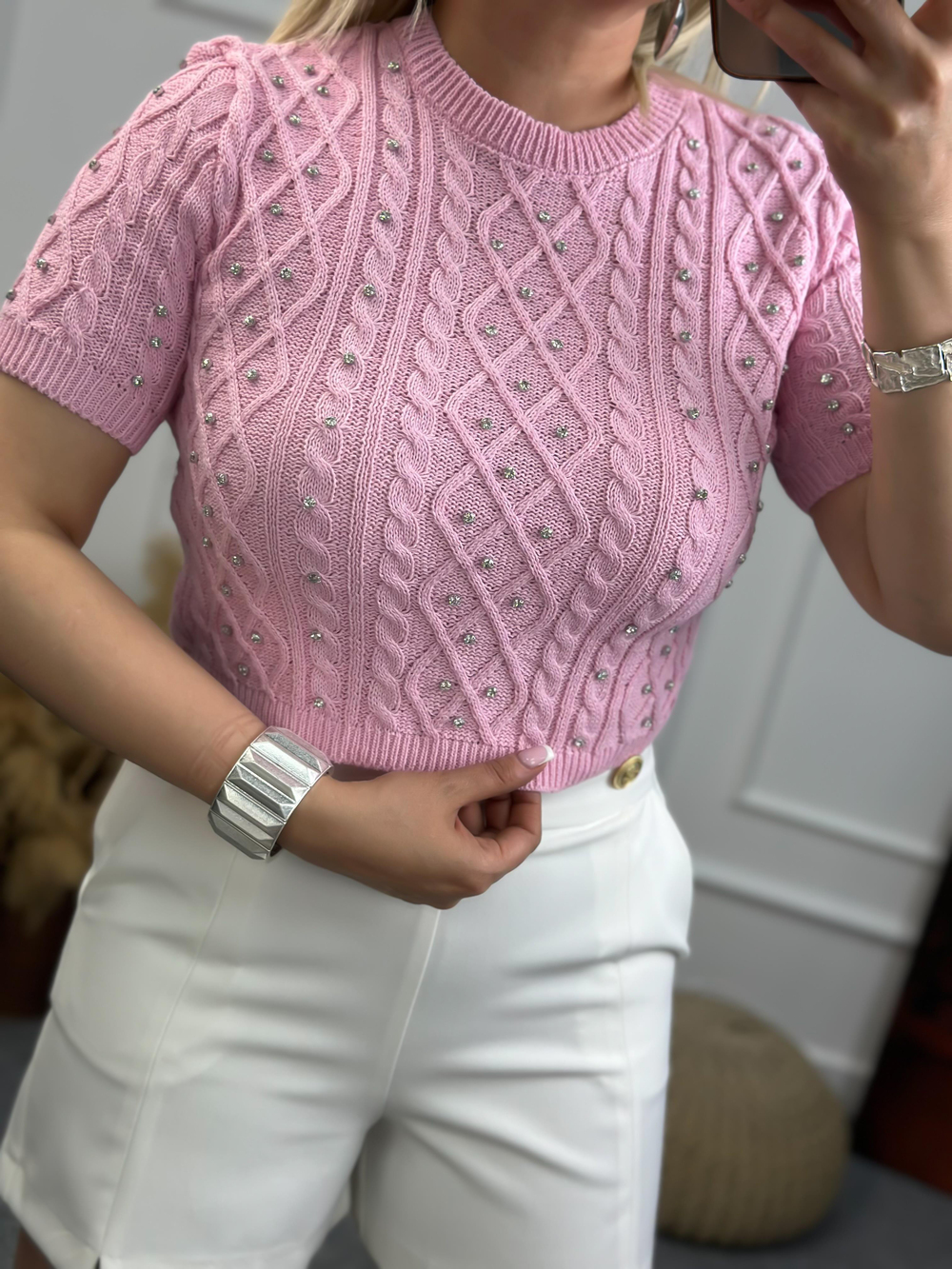 Taş Detaylı Triko Bluz PEMBE