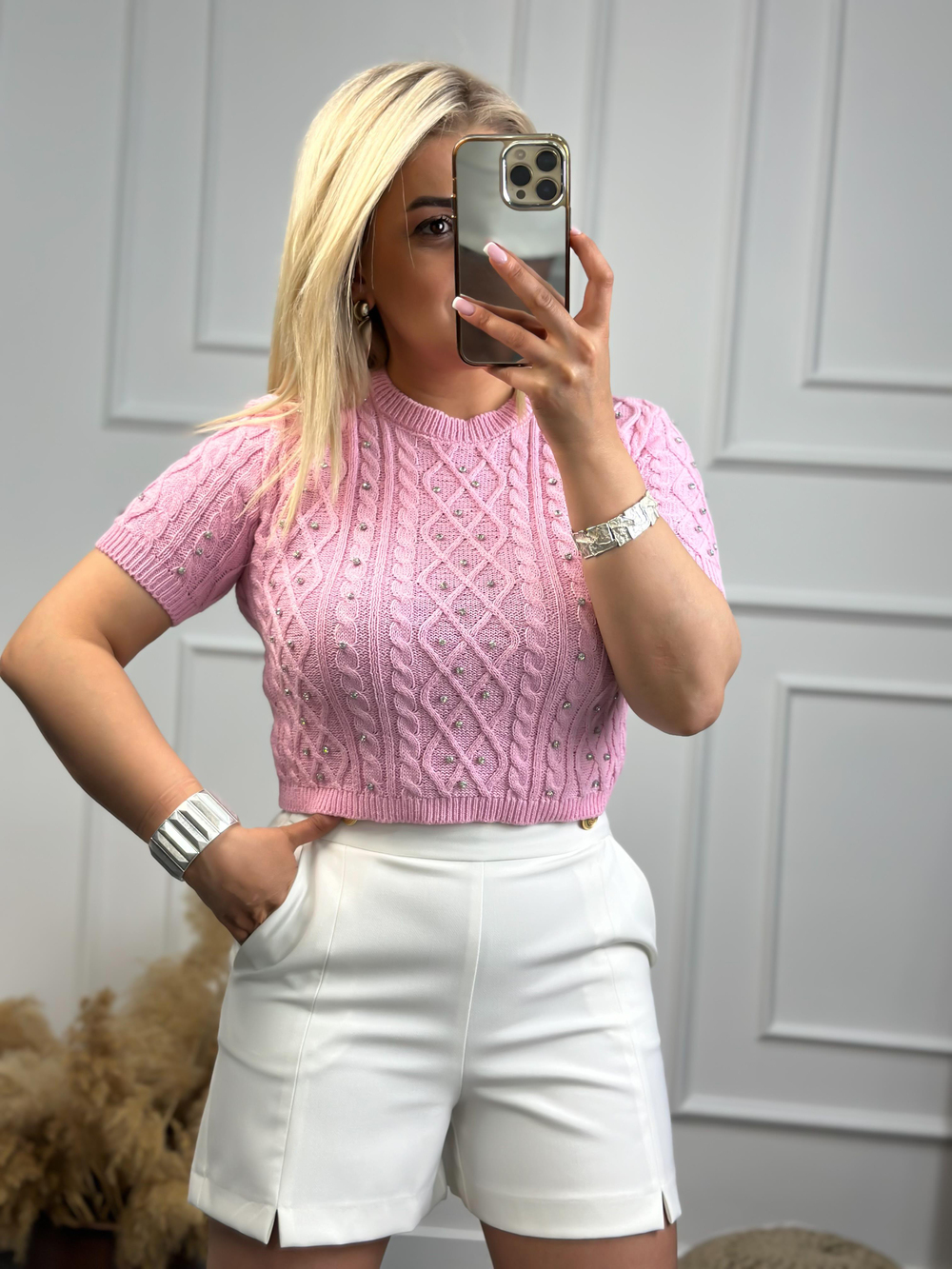 Taş Detaylı Triko Bluz PEMBE