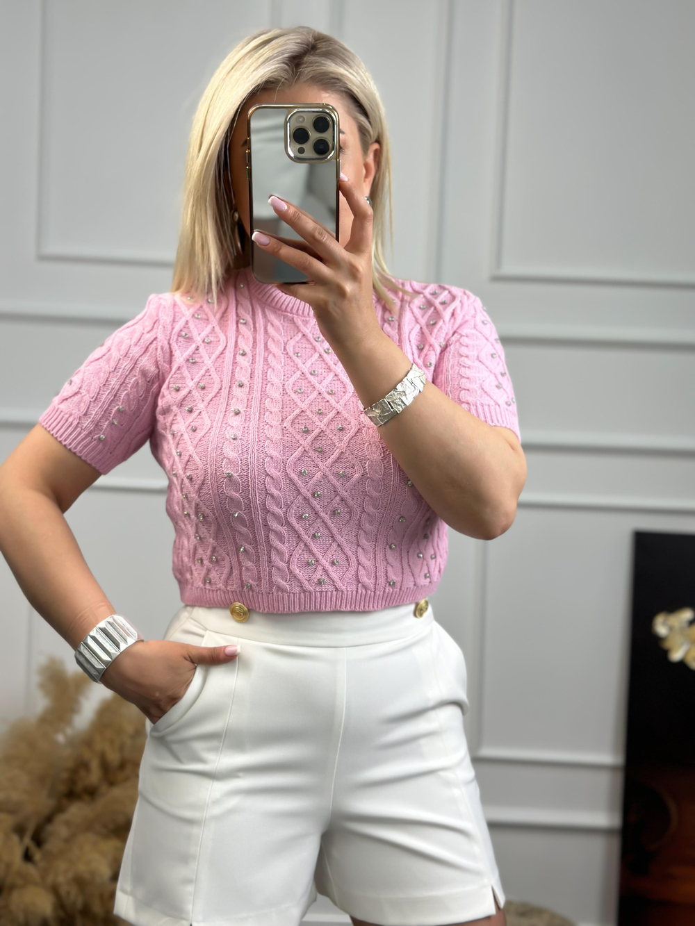 Taş Detaylı Triko Bluz PEMBE
