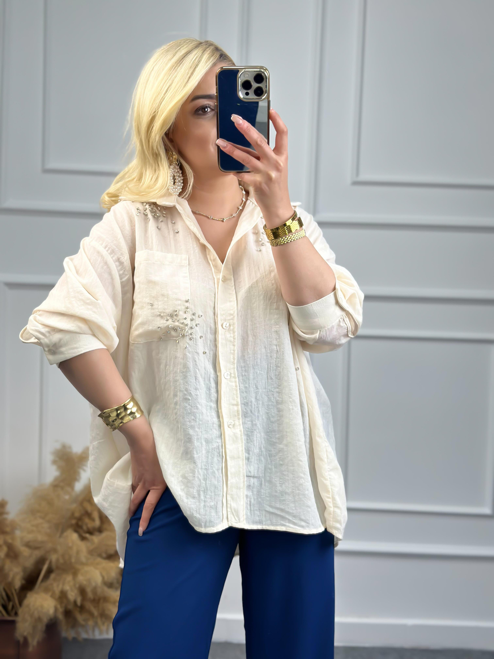 Taşlı Cepli Oversize Gömlek EKRU