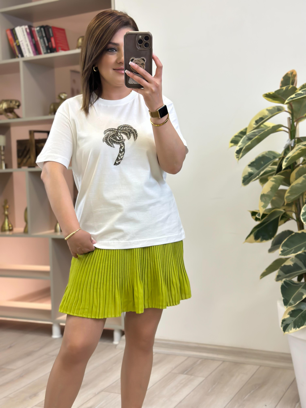 Taşlı Palmiye Tshirt BEYAZ