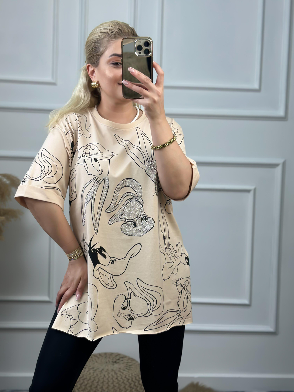Tavşan Baskılı Taşlı Tshirt BEJ