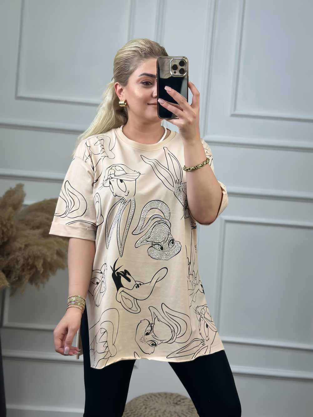 Tavşan Baskılı Taşlı Tshirt BEJ