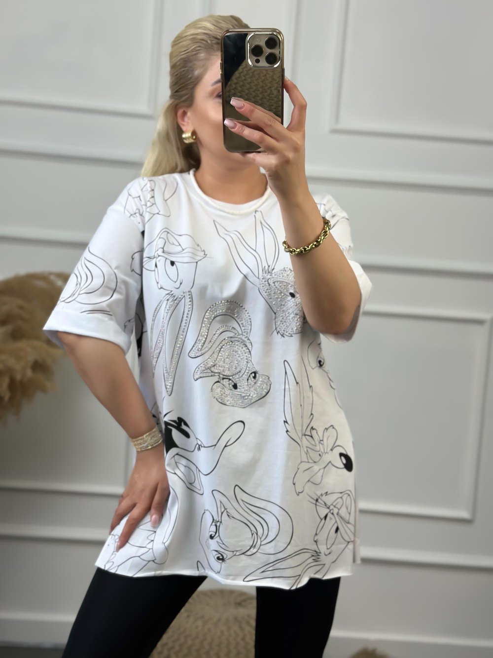 Tavşan Baskılı Taşlı Tshirt BEYAZ