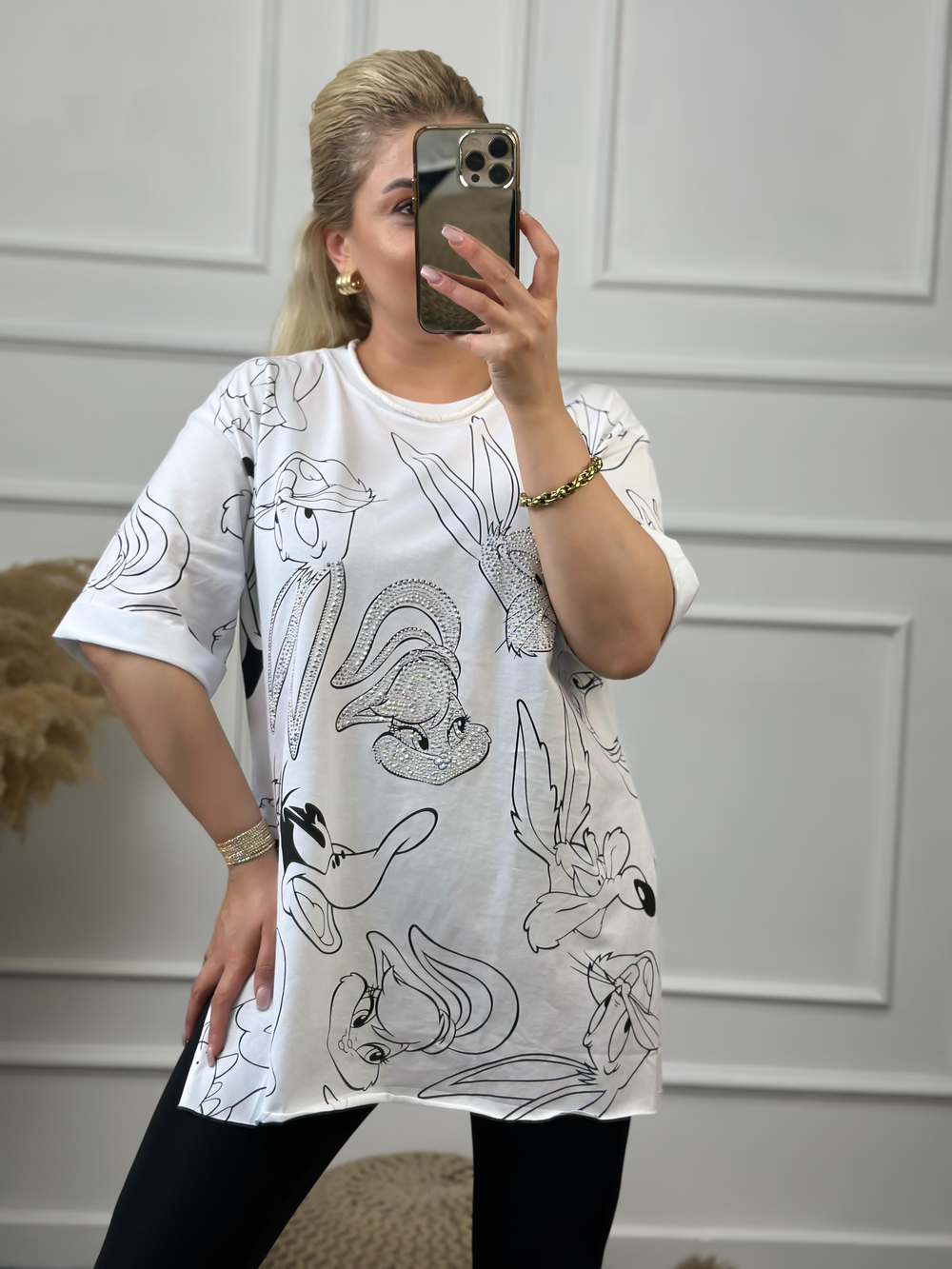 Tavşan Baskılı Taşlı Tshirt BEYAZ