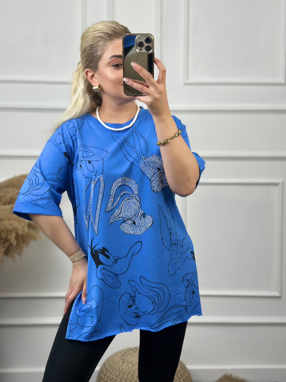 Tavşan Baskılı Taşlı Tshirt MAVİ