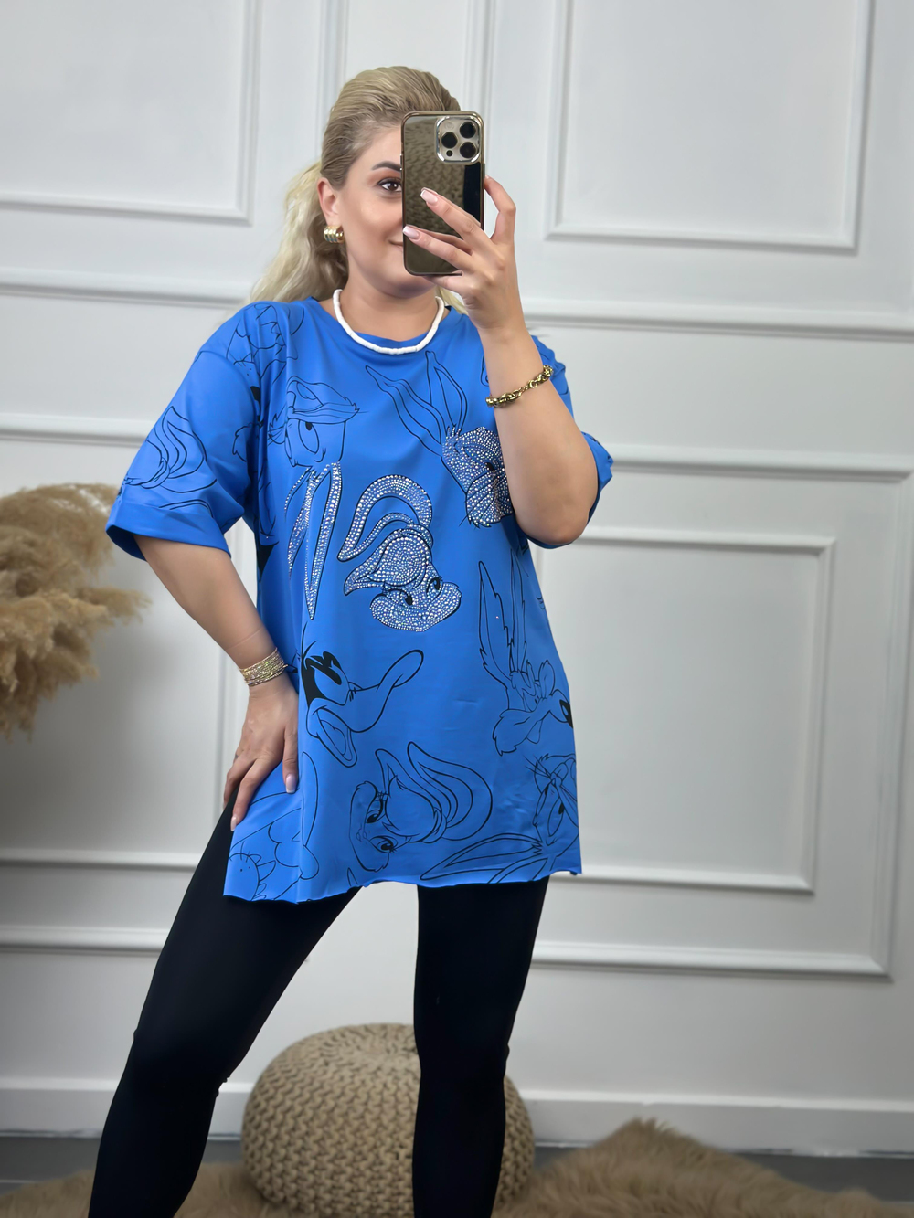 Tavşan Baskılı Taşlı Tshirt MAVİ