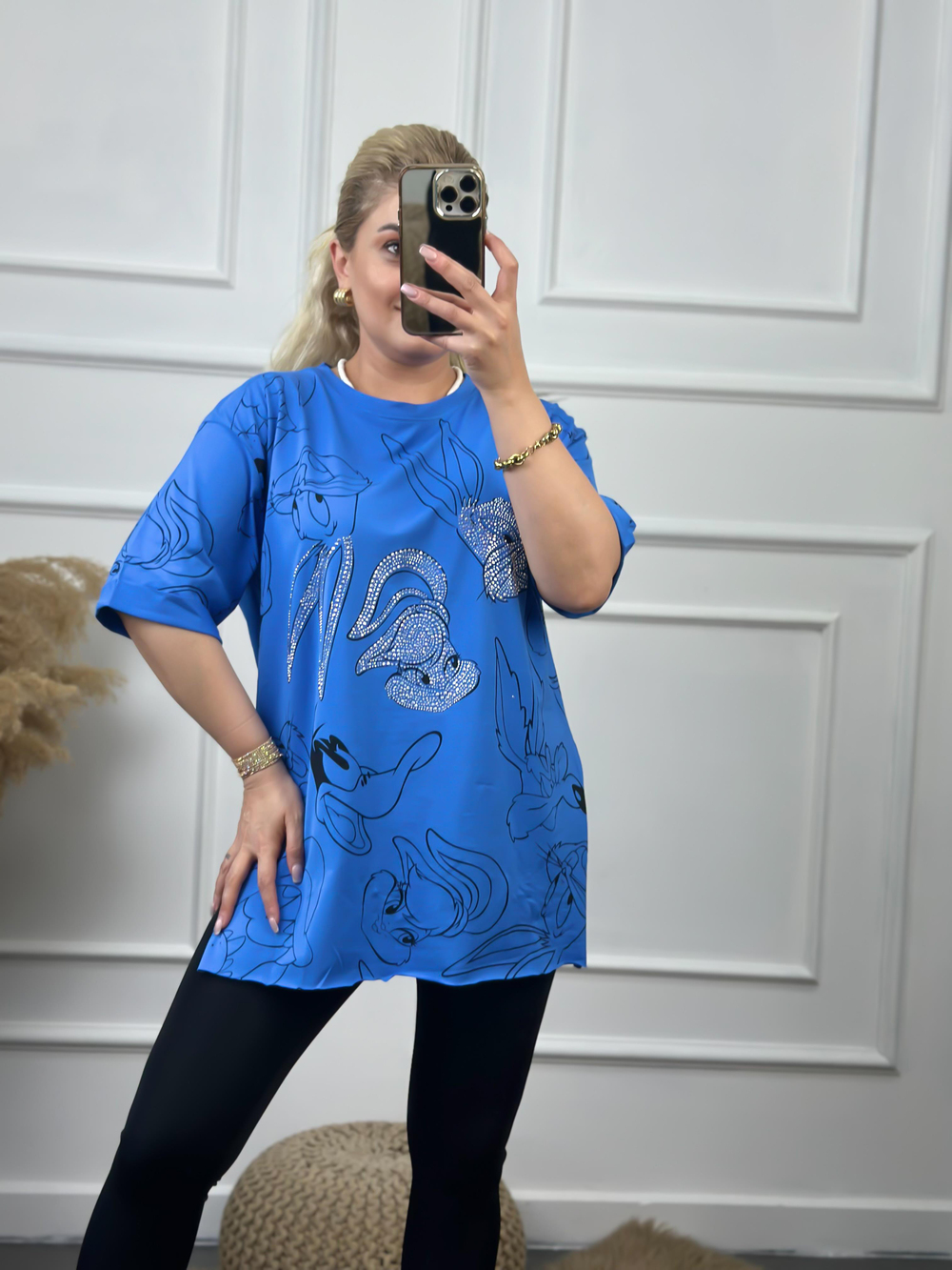 Tavşan Baskılı Taşlı Tshirt MAVİ