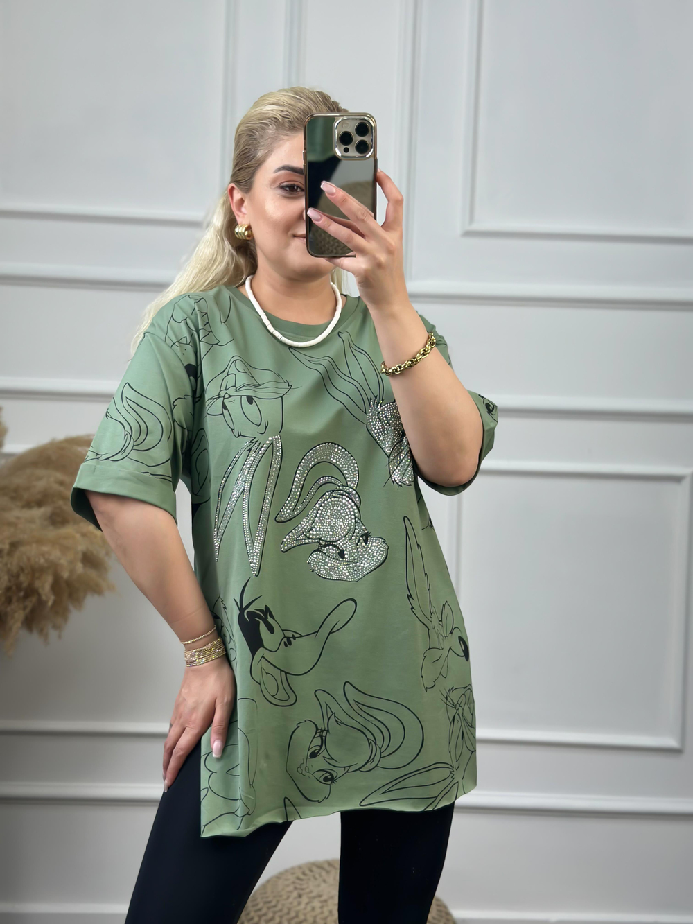 Tavşan Baskılı Taşlı Tshirt YEŞİL