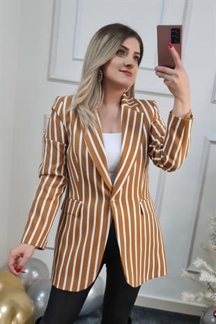 Tek Düğmeli Beyaz Çizgili Blazer Ceket CAMEL