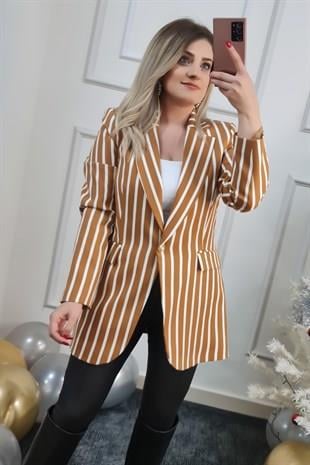 Tek Düğmeli Beyaz Çizgili Blazer Ceket CAMEL