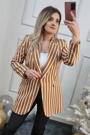 Tek Düğmeli Beyaz Çizgili Blazer Ceket CAMEL