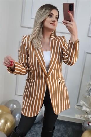 Tek Düğmeli Beyaz Çizgili Blazer Ceket CAMEL