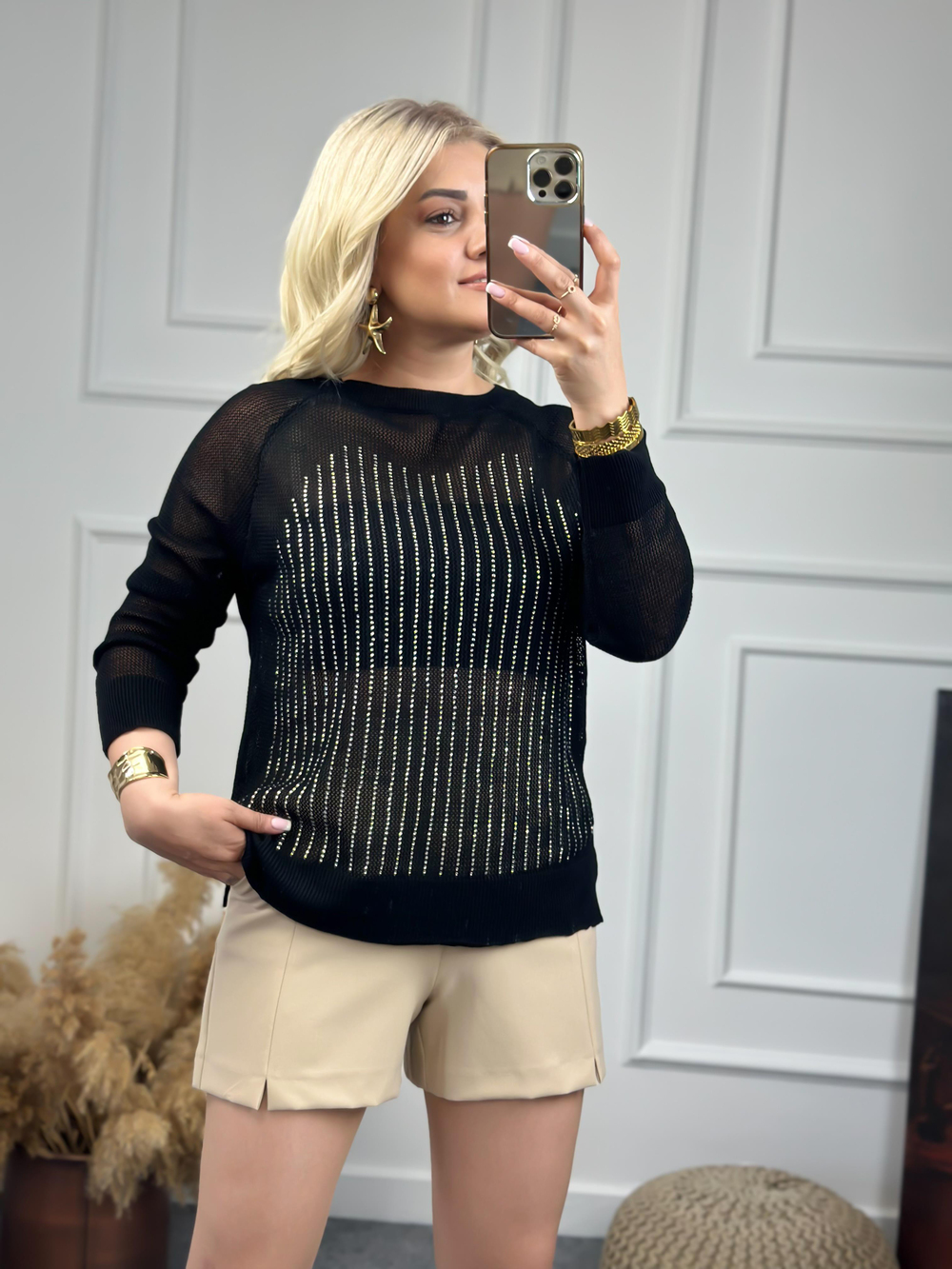 Transparan Taş Detaylı Triko Bluz SİYAH