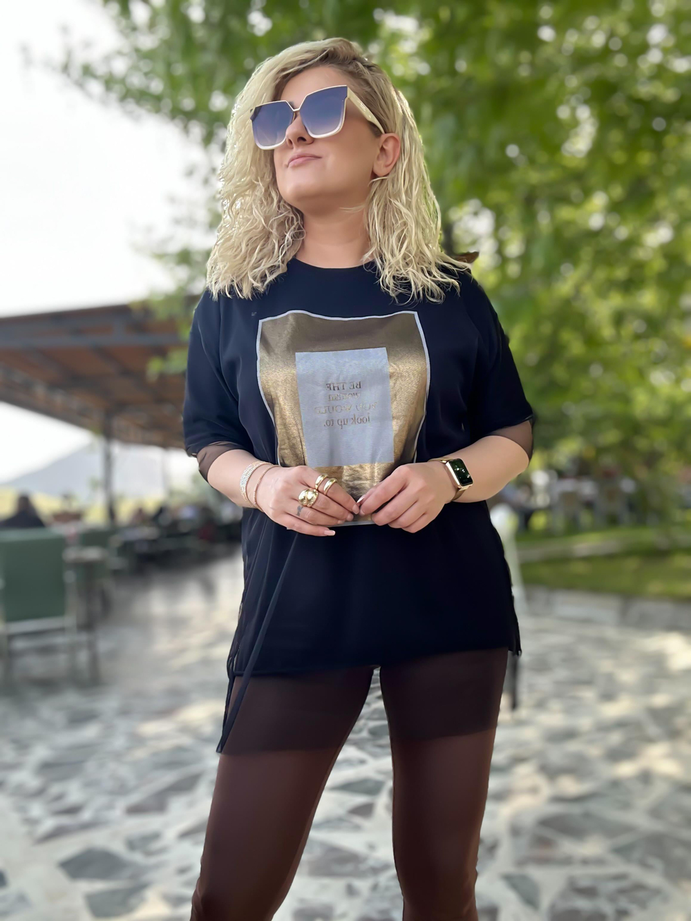 Tüllü Varaklı Tshirt SİYAH
