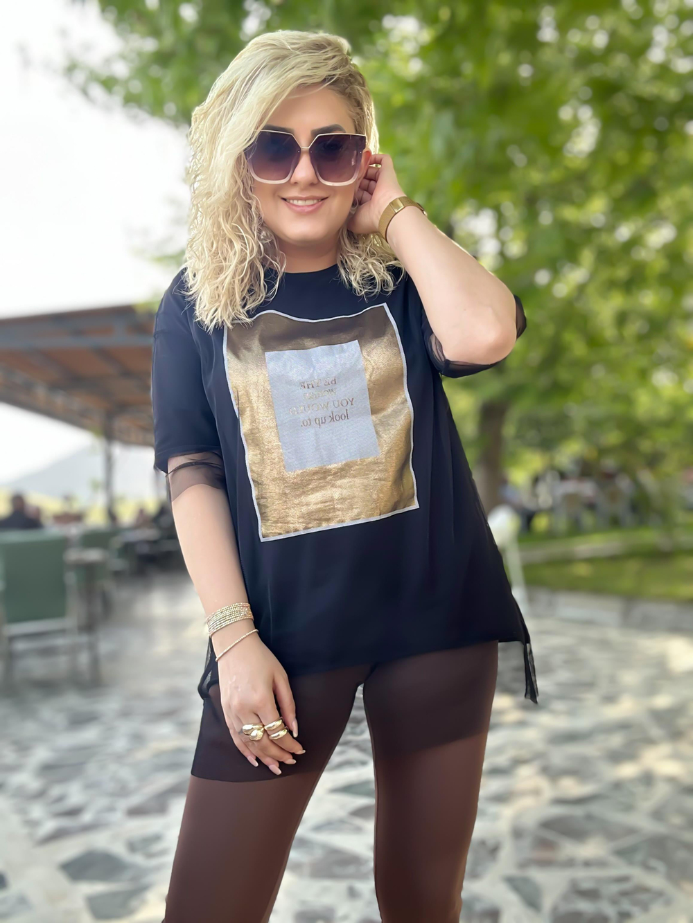 Tüllü Varaklı Tshirt SİYAH