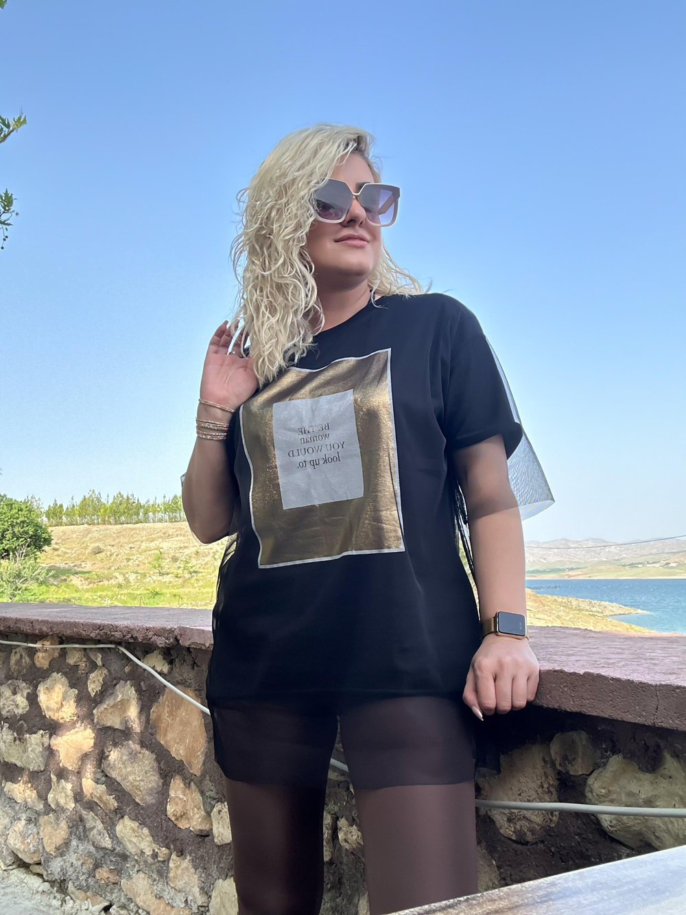 Tüllü Varaklı Tshirt SİYAH