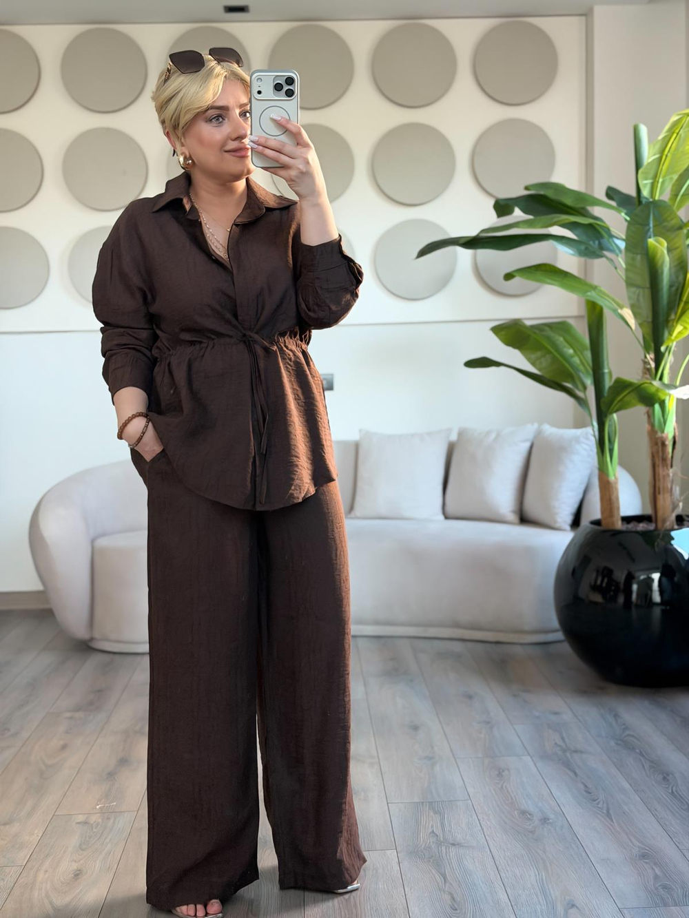 Tünelli Beli Büzgülü Gömlek Pantolon Takım KAHVE