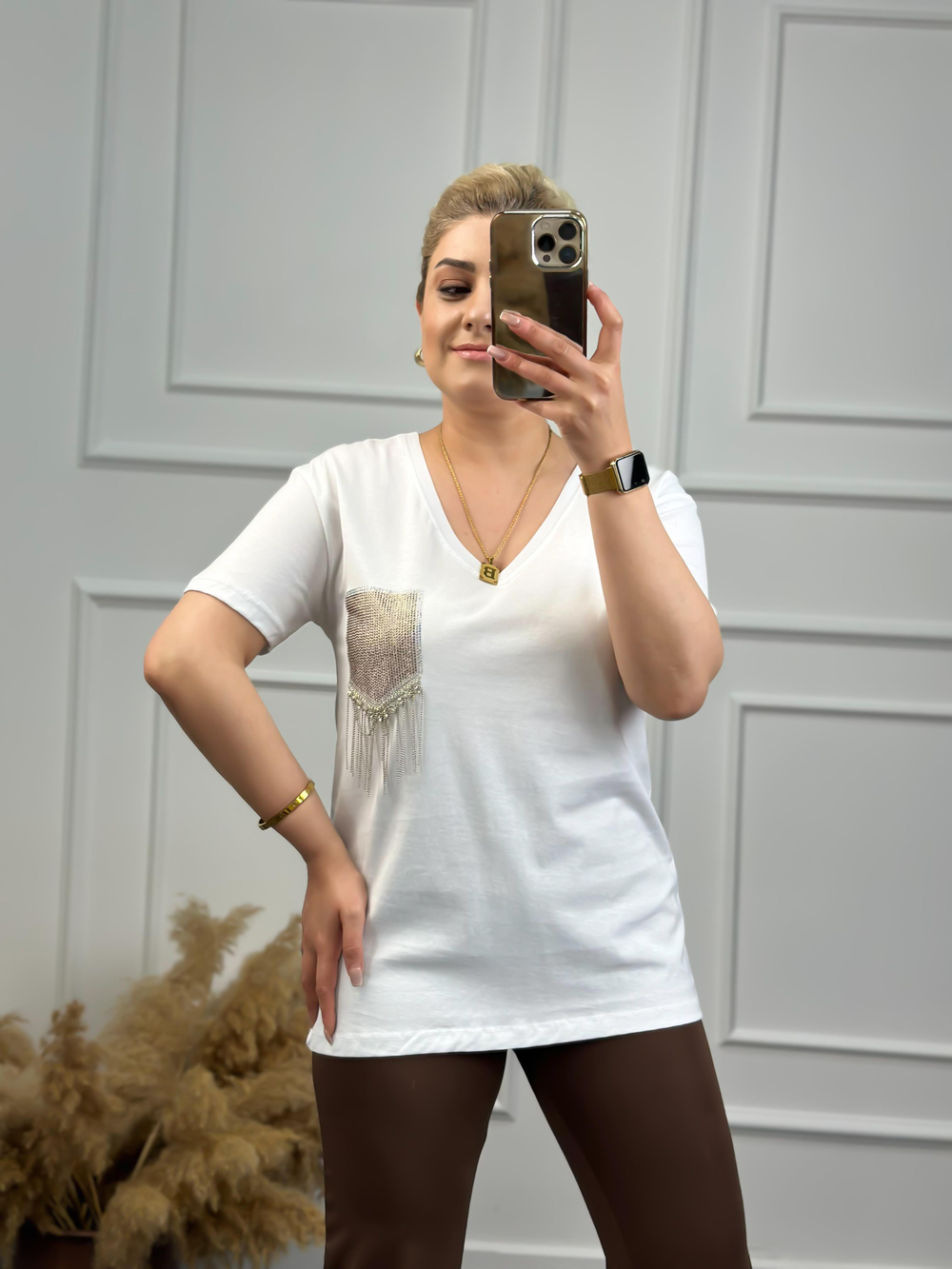 V Yaka Cebi Taşlı Tshirt BEYAZ