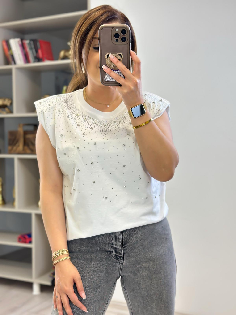 Vatkalı Serpme Taş Detaylı Tshirt BEYAZ