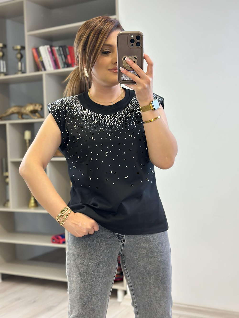 Vatkalı Serpme Taş Detaylı Tshirt SİYAH