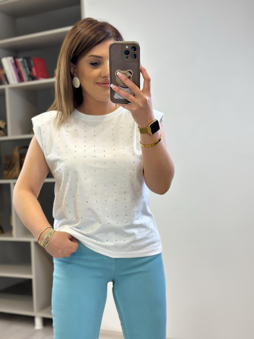 Vatkalı Taşlı Tshirt BEYAZ