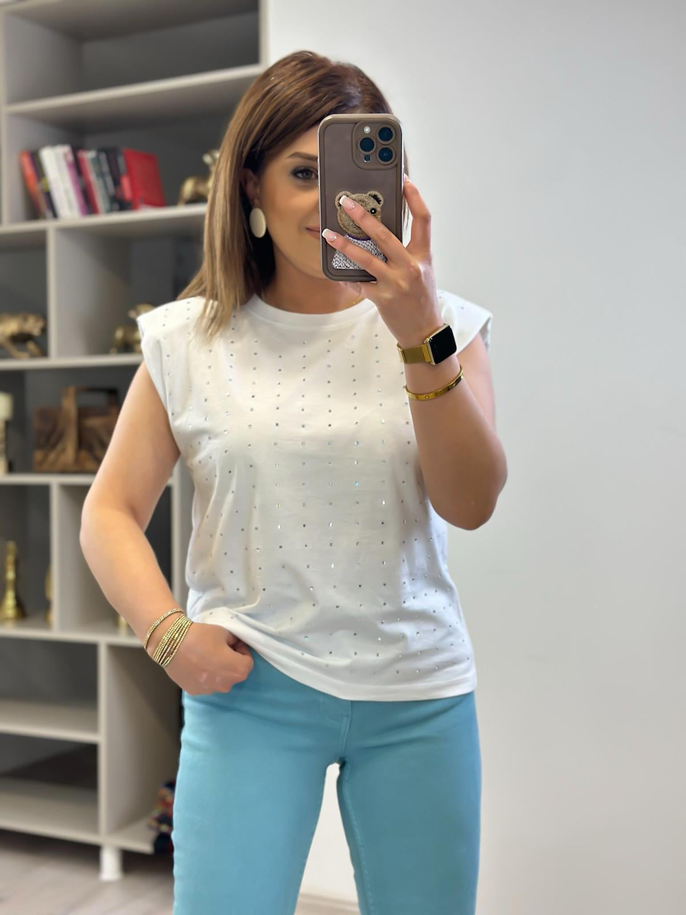 Vatkalı Taşlı Tshirt BEYAZ