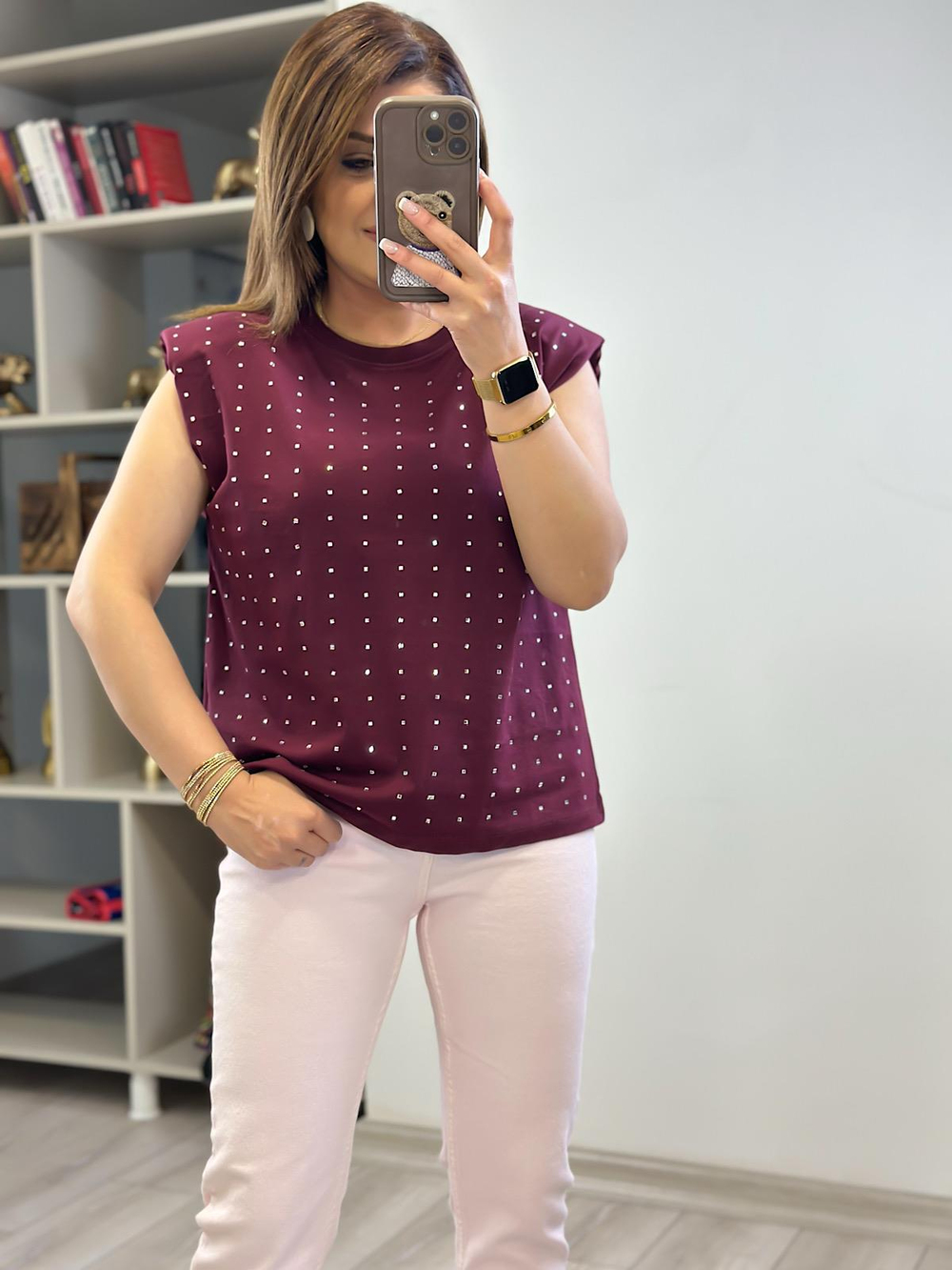 Vatkalı Taşlı Tshirt BORDO