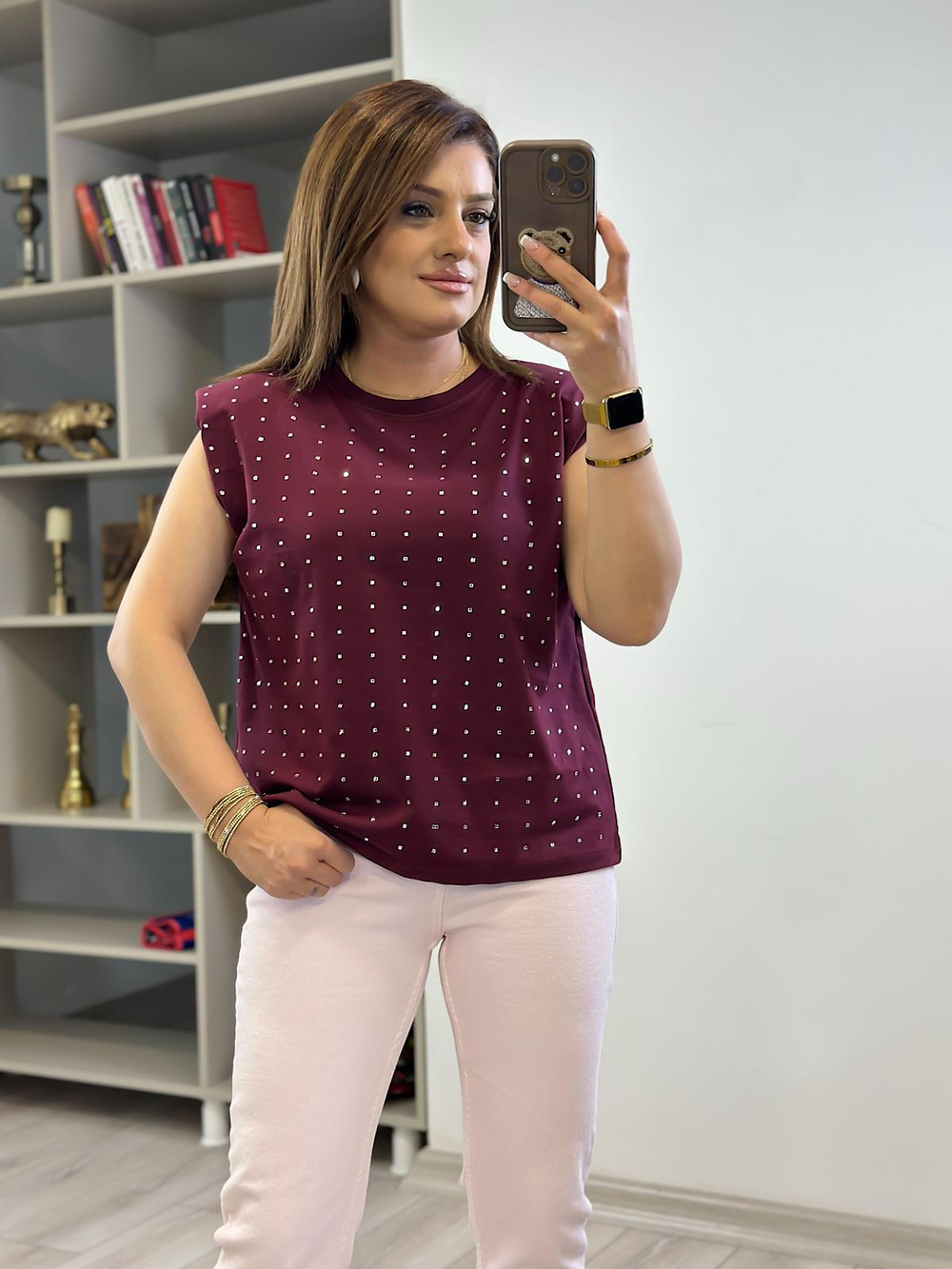 Vatkalı Taşlı Tshirt BORDO