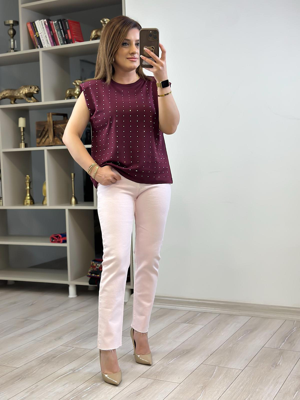 Vatkalı Taşlı Tshirt BORDO