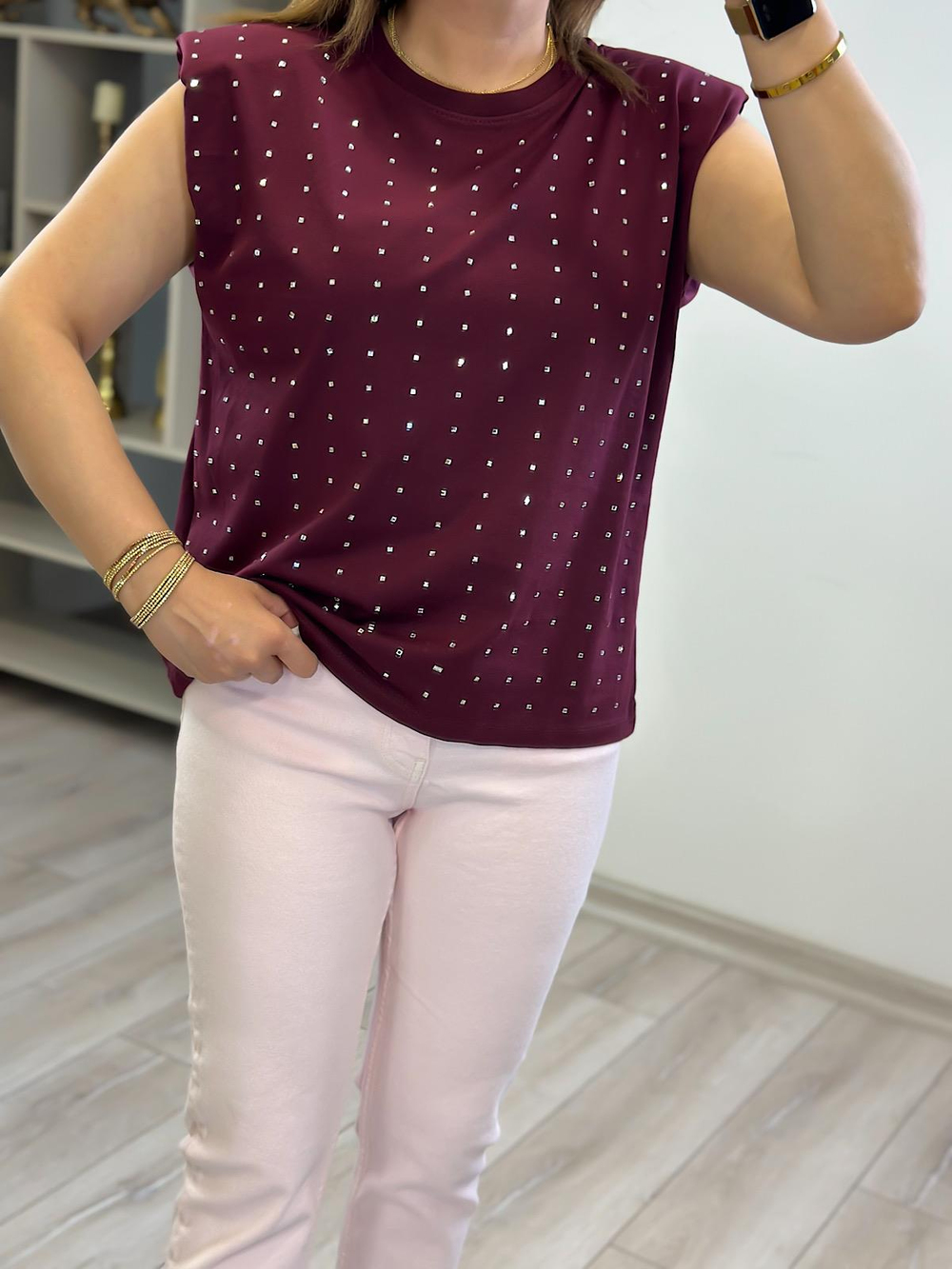 Vatkalı Taşlı Tshirt BORDO