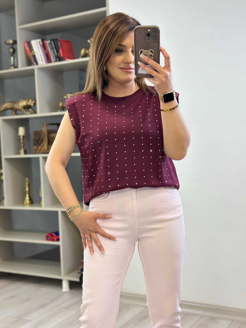 Vatkalı Taşlı Tshirt BORDO
