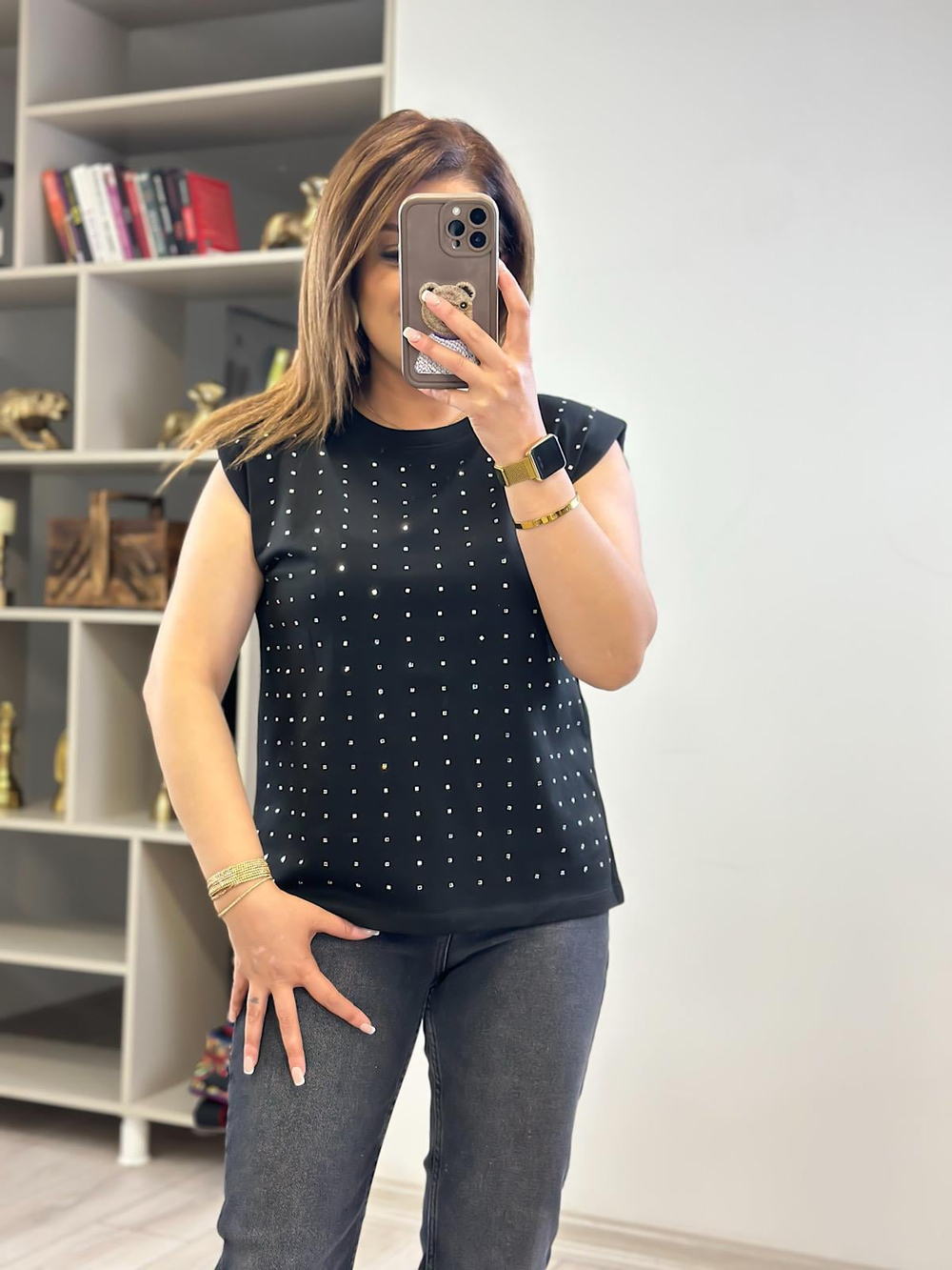 Vatkalı Taşlı Tshirt SİYAH