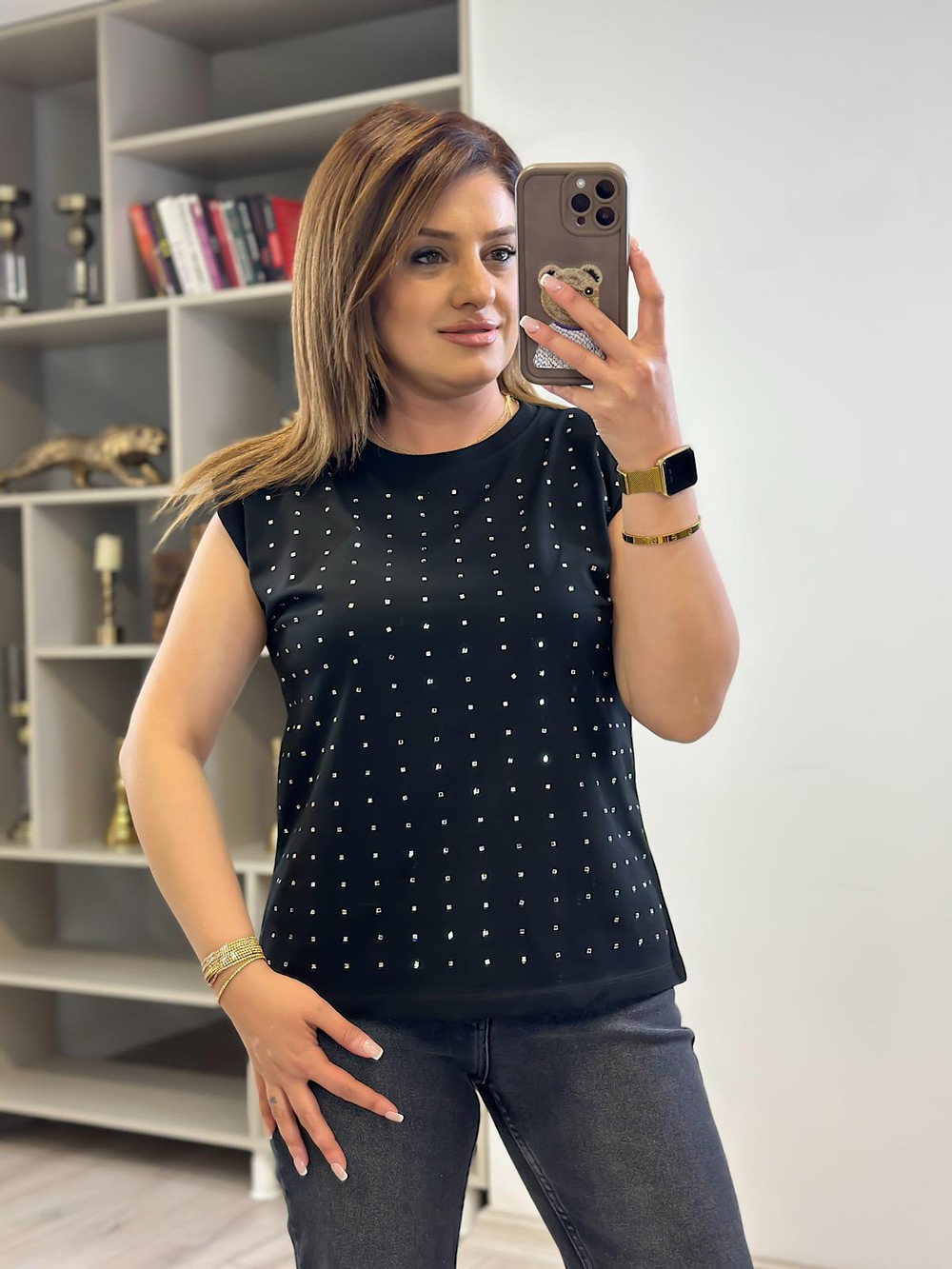 Vatkalı Taşlı Tshirt SİYAH