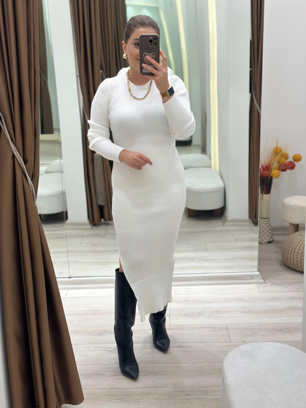 Yandan Yırtmaçlı Maxi Boy Triko Elbise BEYAZ