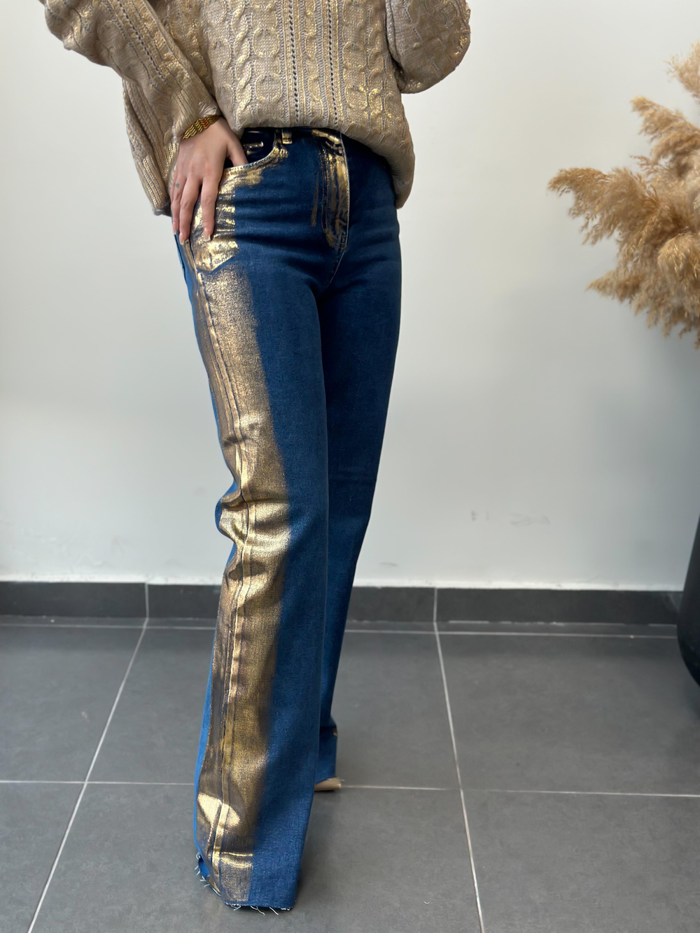 Yanları Geçişli Paça Yırtık Tasarım Palazzo Jean GOLD