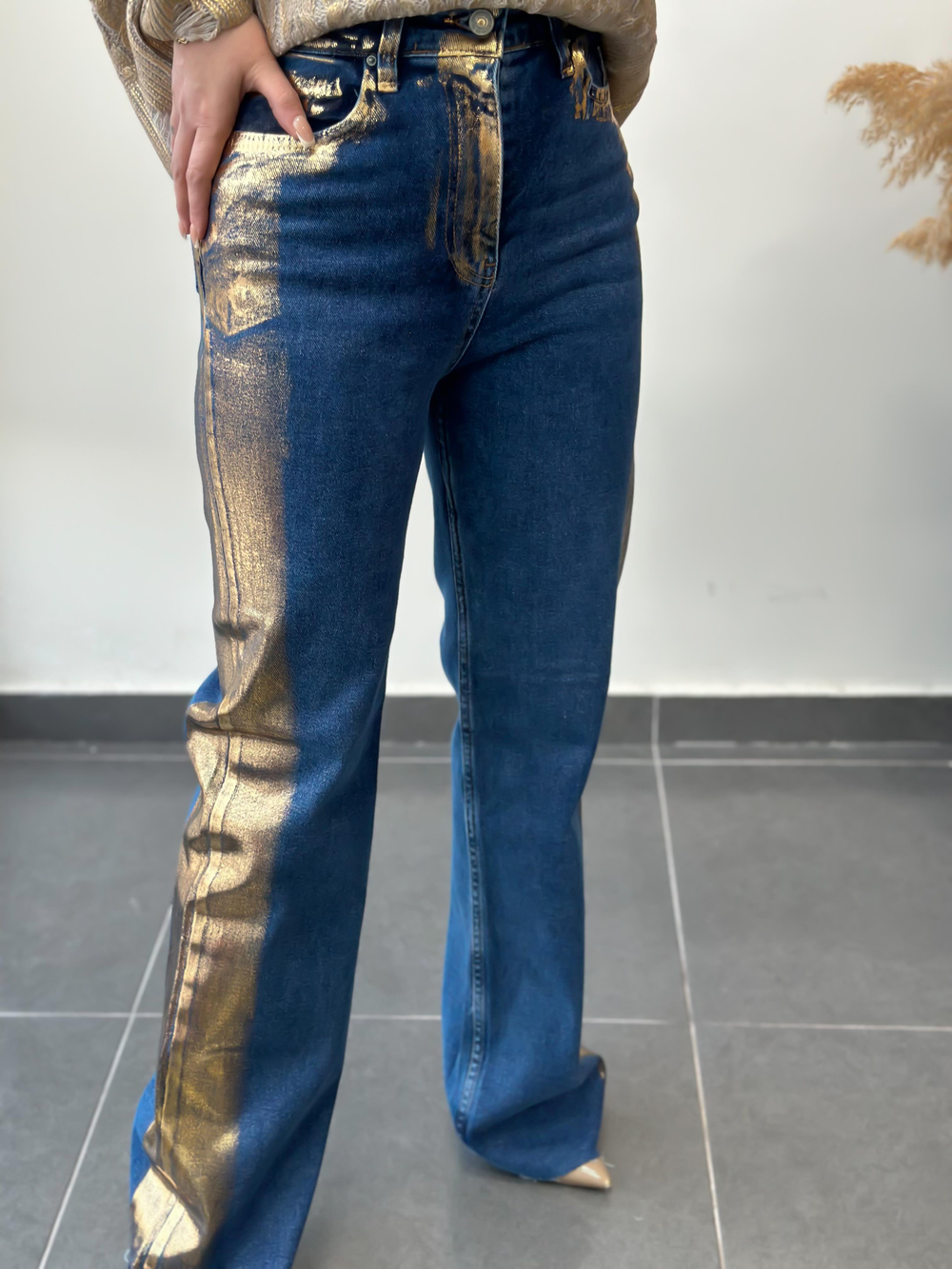 Yanları Geçişli Paça Yırtık Tasarım Palazzo Jean GOLD