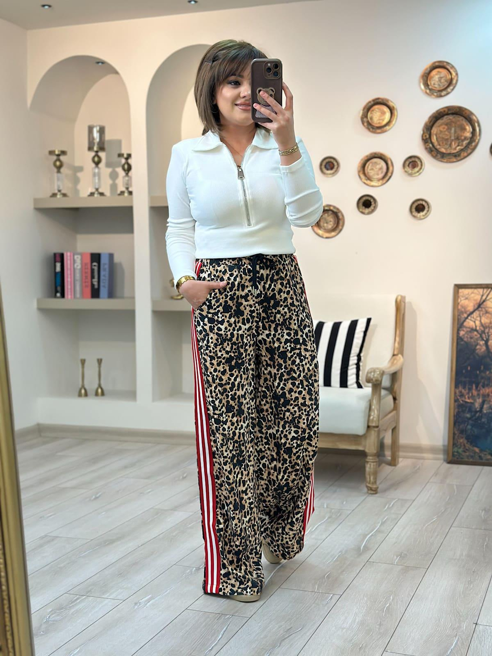 Yanları Şerit Detaylı Leopar Pantolon KAHVE