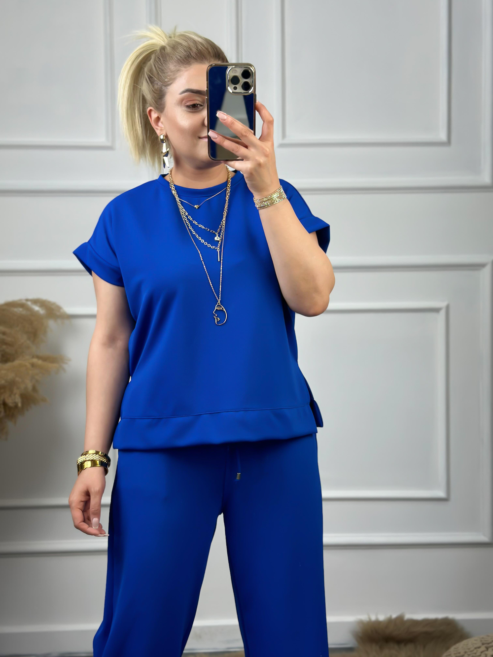 Yanları Yırtmaçlı Likralı Bol Paça Pantolon Bluz Takım SAKS
