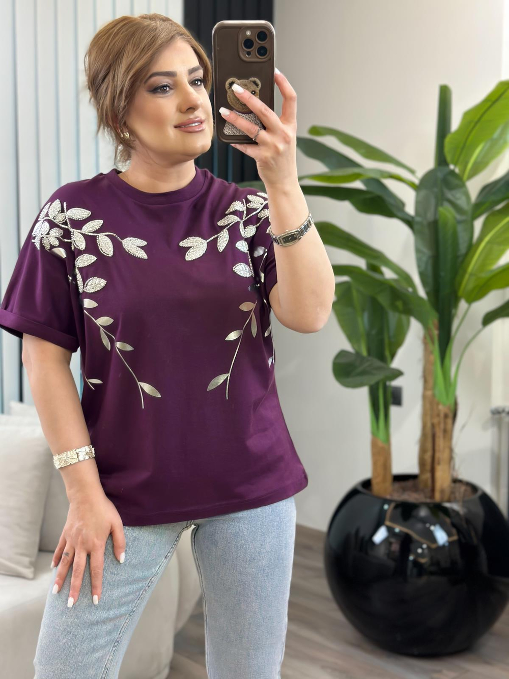 Yaprak Varak Boncuklu Pamuk Penye Tshirt MÜRDÜM
