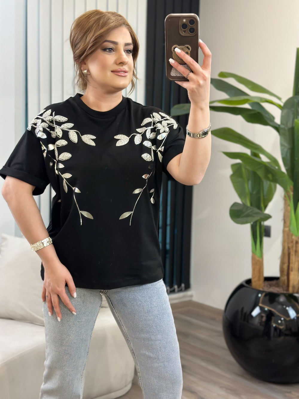 Yaprak Varak Boncuklu Pamuk Penye Tshirt SİYAH