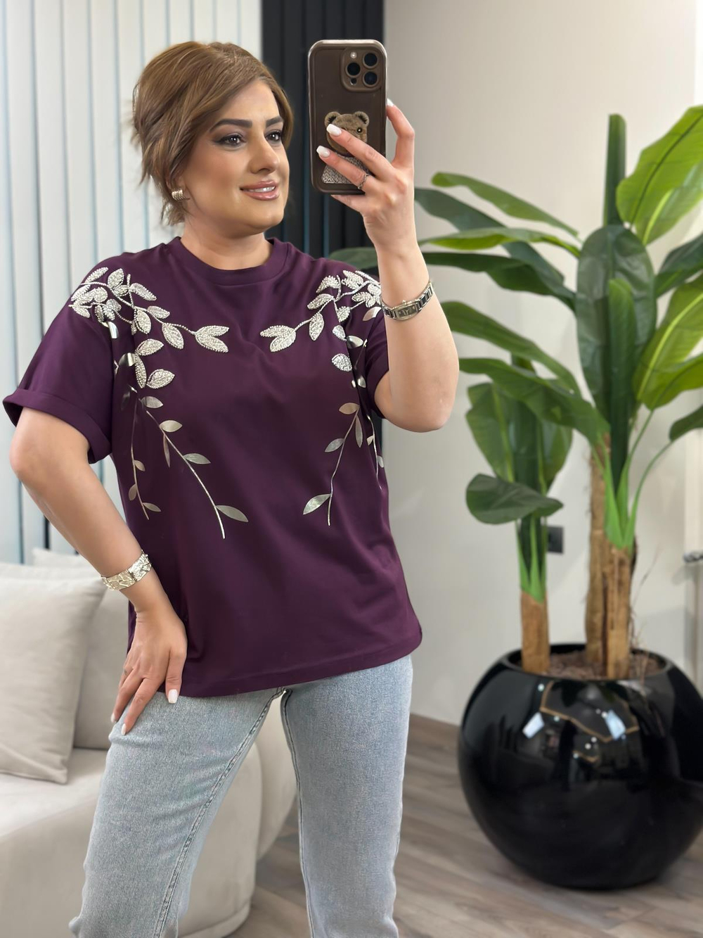 Yaprak Varak Boncuklu Pamuk Penye Tshirt MÜRDÜM