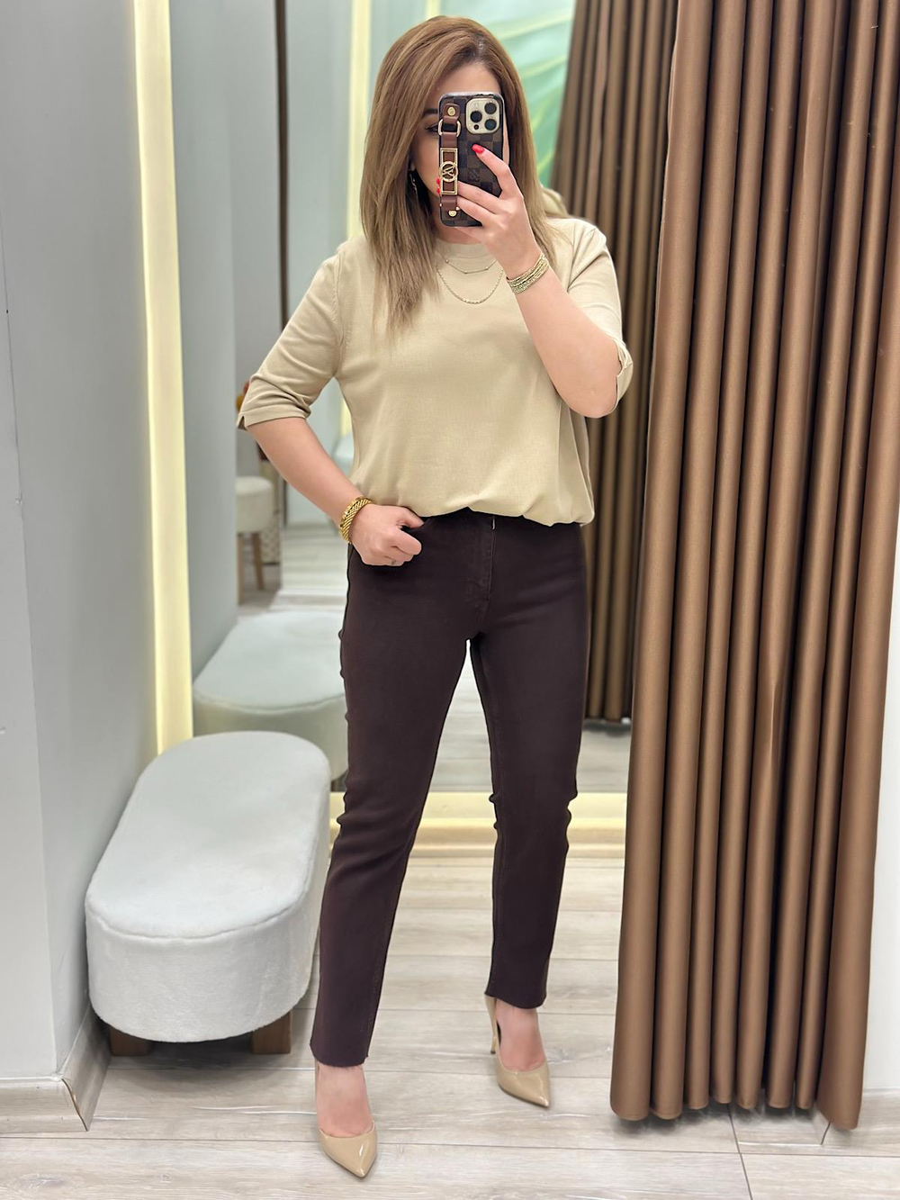 Yüksek Bel Likralı Toparlayıcı Paçası Kesik Fit Mom Jean KAHVE