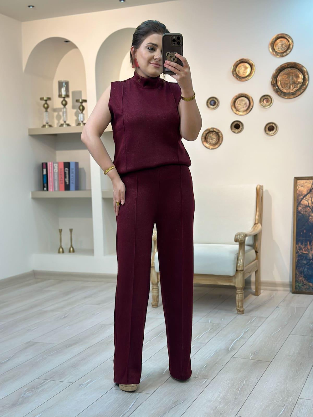 Yüksek Bel Önü Flotalı Simli Triko Pantolon BORDO