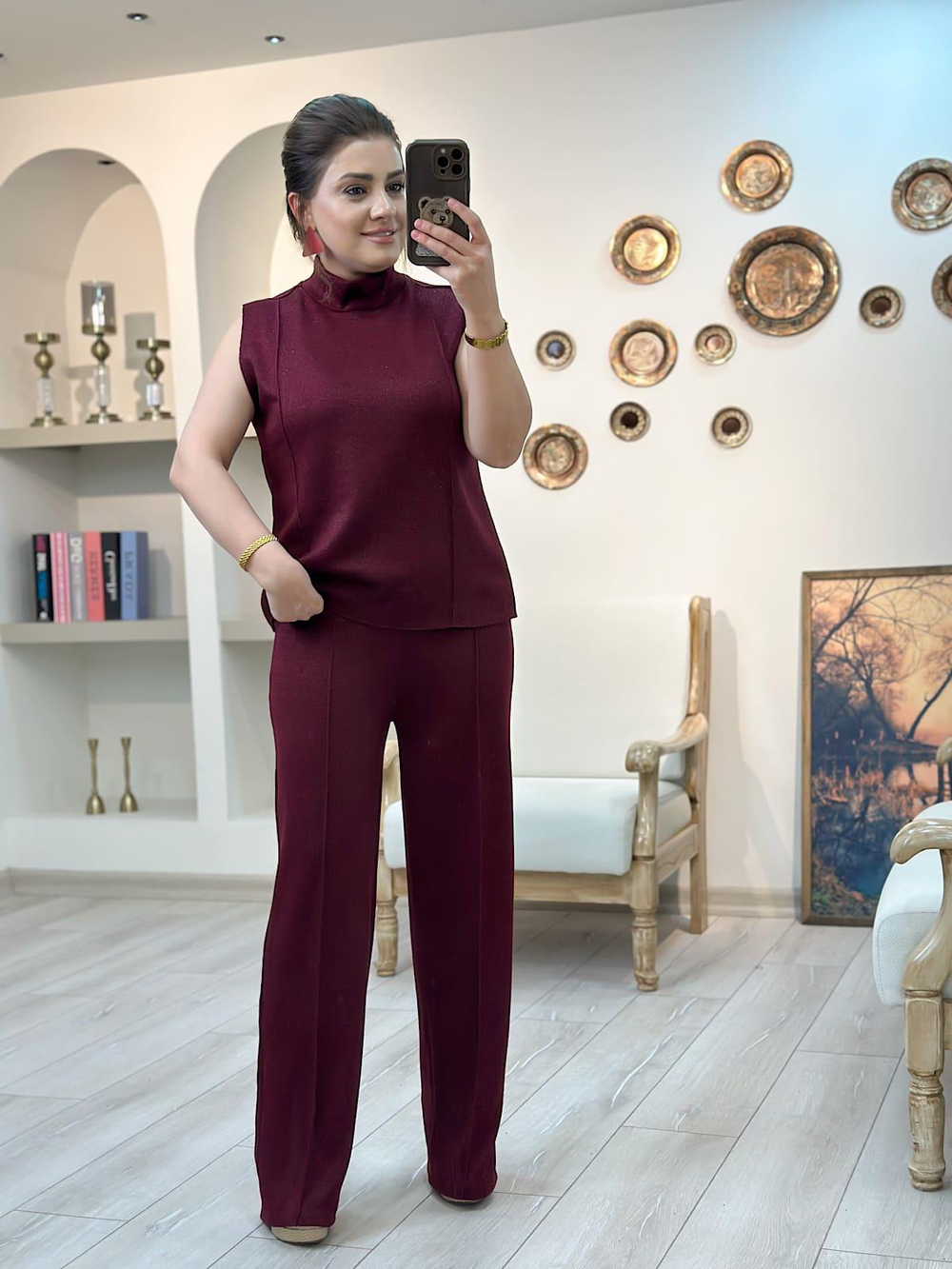 Yüksek Bel Önü Flotalı Simli Triko Pantolon BORDO